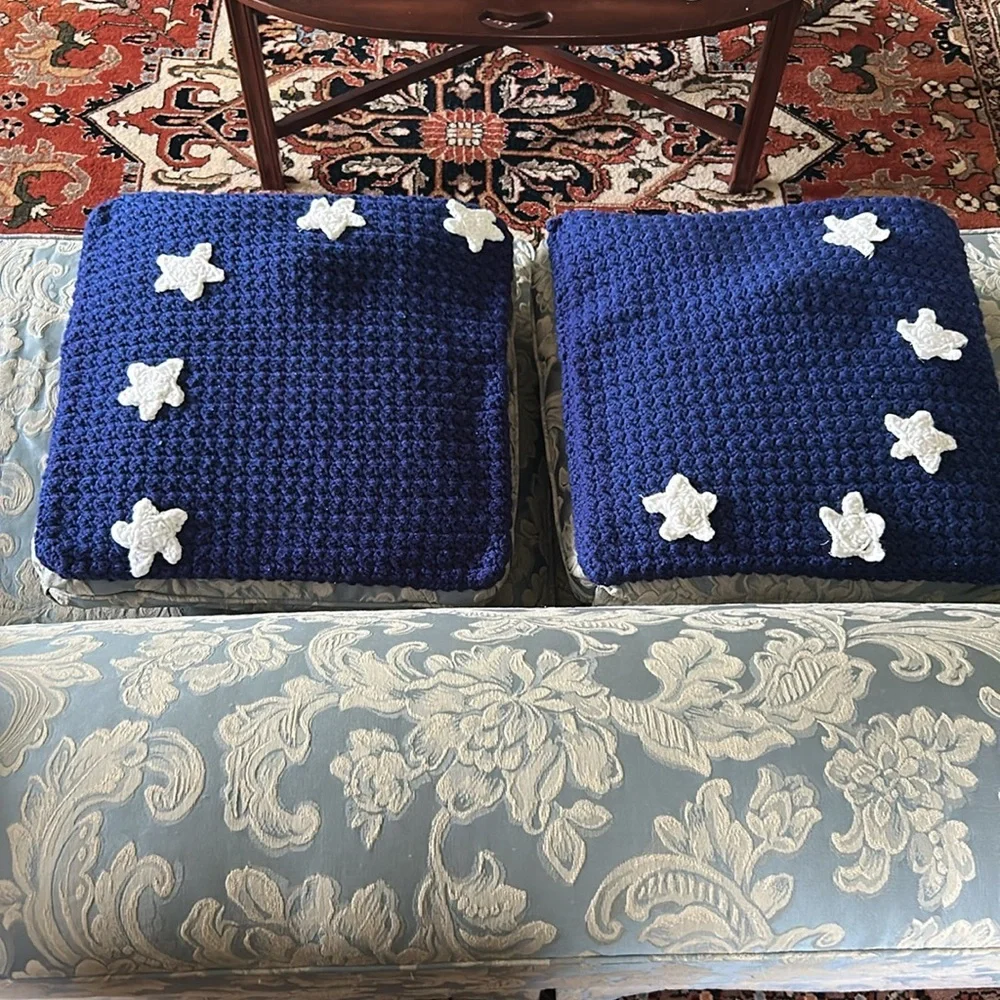 Hand Crafted Bright Blue Knit Throw Pillow Cover 18 x 18 Hand Crochet Heirloom
